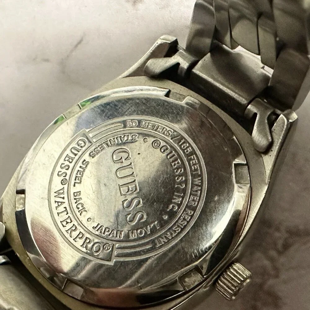 Vintage Guess Waterpro Watch Women Silver Tone Date Window New Battery 6.5 Inch